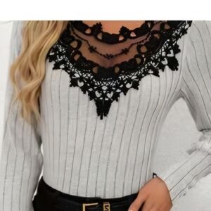 Elegant Black Lace Trim Sweater, Fits L or XL